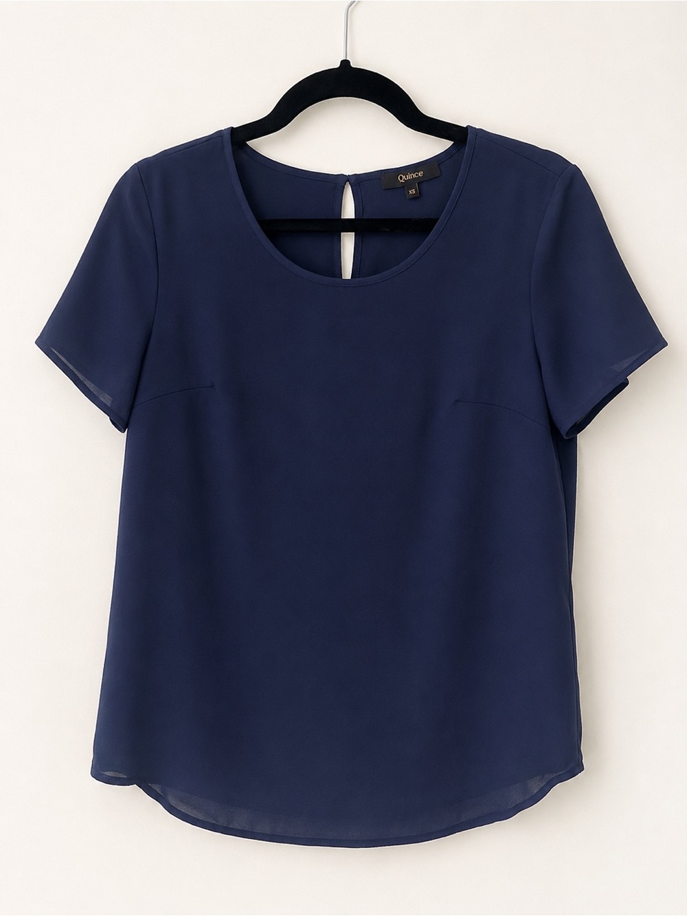 Quince Washable Stretch Silk Navy Short Sleeve Blouse XS | 90% Silk